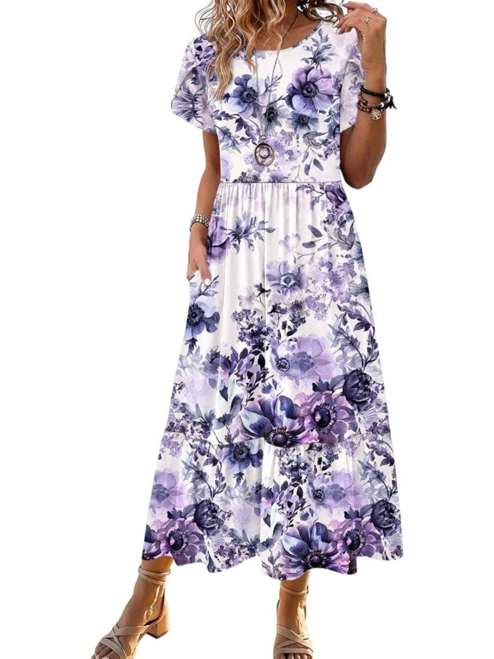 Summer Midi A-Line Dress for Women - Short Sleeve, Flowy, Tiered, Pockets